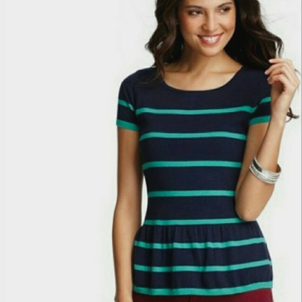 LOFT Navy and Teal Striped Short-sleeved Peplum Sweater